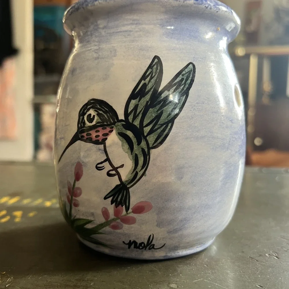 Nola Watkins Collection Hand Painted Pottery Hummingbird Candle Holder~ SIGNED